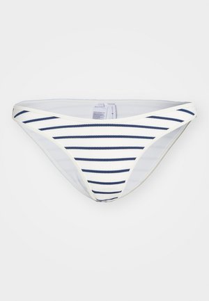 Stripet bikini-bunn med horisontale blå og hvite striper, laget av glatt, lett stoff med lavt liv og smale sider.