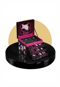 Black and pink jewelry box with open lid displaying compartments and three drawers decorated with white and pink designs.