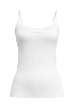 White sleeveless camisole top with thin straps and subtle scalloped neckline detail, displayed on a neutral background.