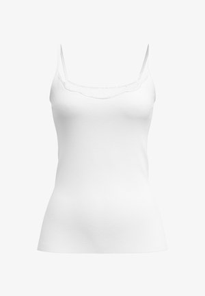 Haut camisole blanc sans manches avec fines bretelles et détail subtil de décolleté festonné, présenté sur un fond neutre.