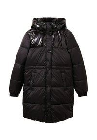 Czarny długi płaszcz puchowy z błyszczącą górną częścią, kapturem, zapięciem na napy z przodu, elastycznymi mankietami i dwoma kieszeniami z klapami na napy.