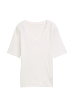 Weißes Baumwoll-T-Shirt mit V-Ausschnitt, kurzen Ärmeln, lockerer Passform und glatter Textur. Minimalistisches Design, keine sichtbaren Muster oder Akzente.