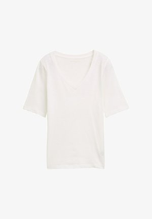 Fehér pamut V nyakú póló rövid ujjakkal, laza szabású és sima textúrájú. Minimalista dizájn, látható minták vagy díszítések nélkül.