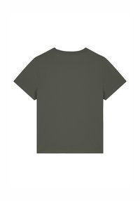 Olivegrünes T-Shirt mit kurzen Ärmeln und Rundhalsausschnitt, aus weichem Material. Einfaches Design, schlichte Rückseite ohne Logos oder Muster.