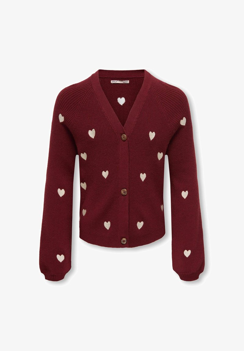 Cardigan en maille bordeaux avec col en V, trois boutons et petits motifs de cœur crème dispersés sur les manches et le corps.