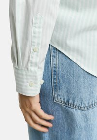 Lichtgroene en witte gestreepte shirt met knoopmanchetten, gedragen met blauwe denim jeans. De stof lijkt glad met een zachte textuur.