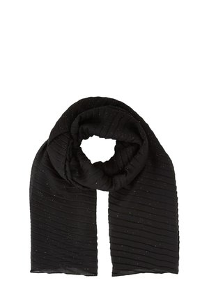 Écharpe noire en tissu texturé avec des motifs en relief, comportant de petites accents scintillants dans tout le matériau.