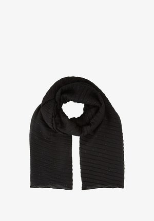 Black scarf made from a textured fabric with ribbed patterns, featuring small, shimmering accents throughout the material.