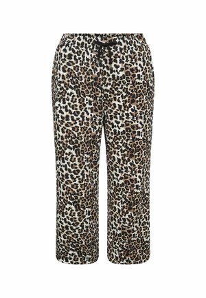 Leopard print pajama pants with an elastic waistband and black drawstring. Made of soft fabric, featuring a mix of brown, black, and cream colors.
