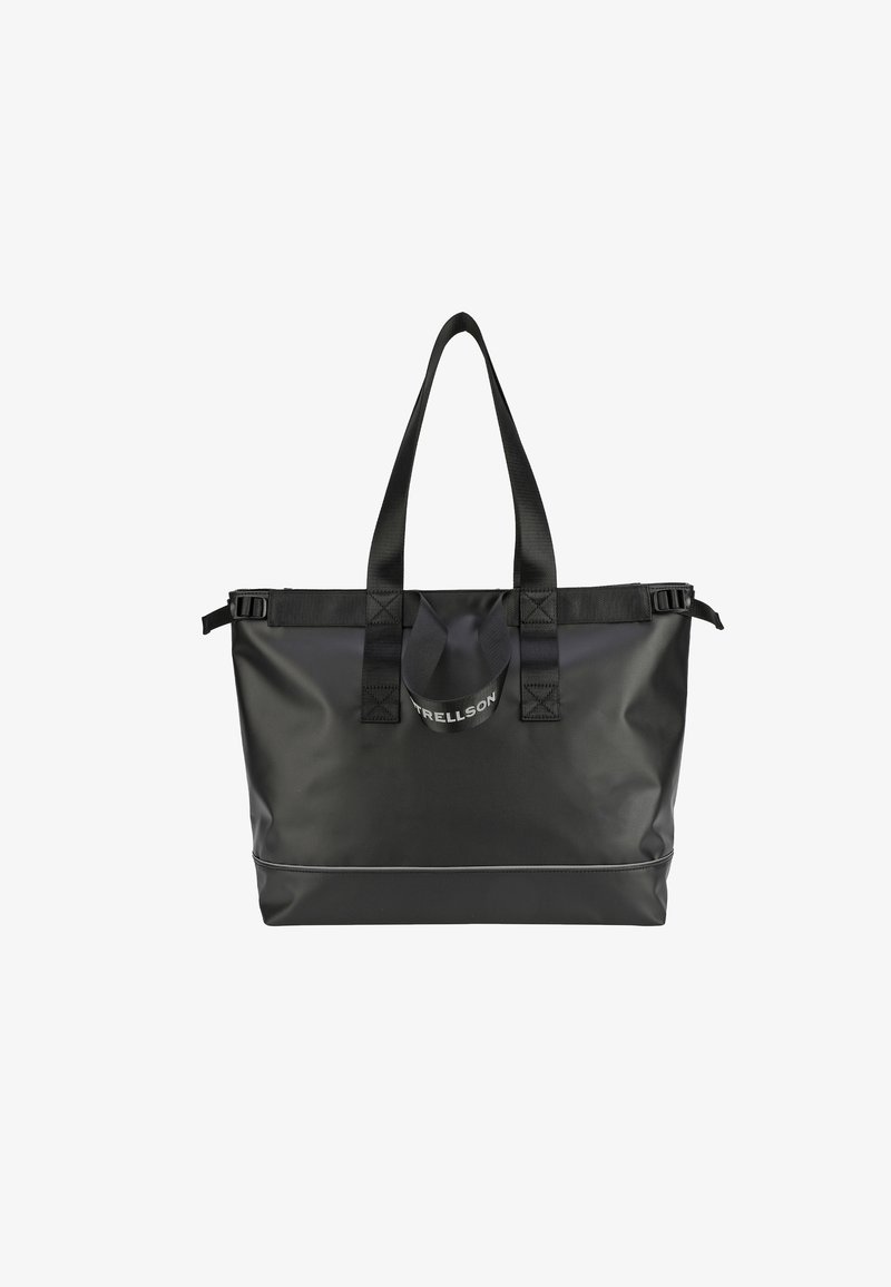 Zwarte totebag van duurzame materialen, met sterke handvatten, een logostrop en een rechthoekige vorm met een slank ontwerp.