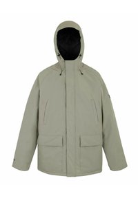 Light gray hooded winter jacket with front zipper, two chest pockets, two lower flap pockets, and adjustable hood cords.