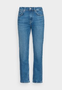 Blå denimjeans med rak ben design. Funktioner inkluderar fem fickor, en knappstängning och synliga sömdetaljer.