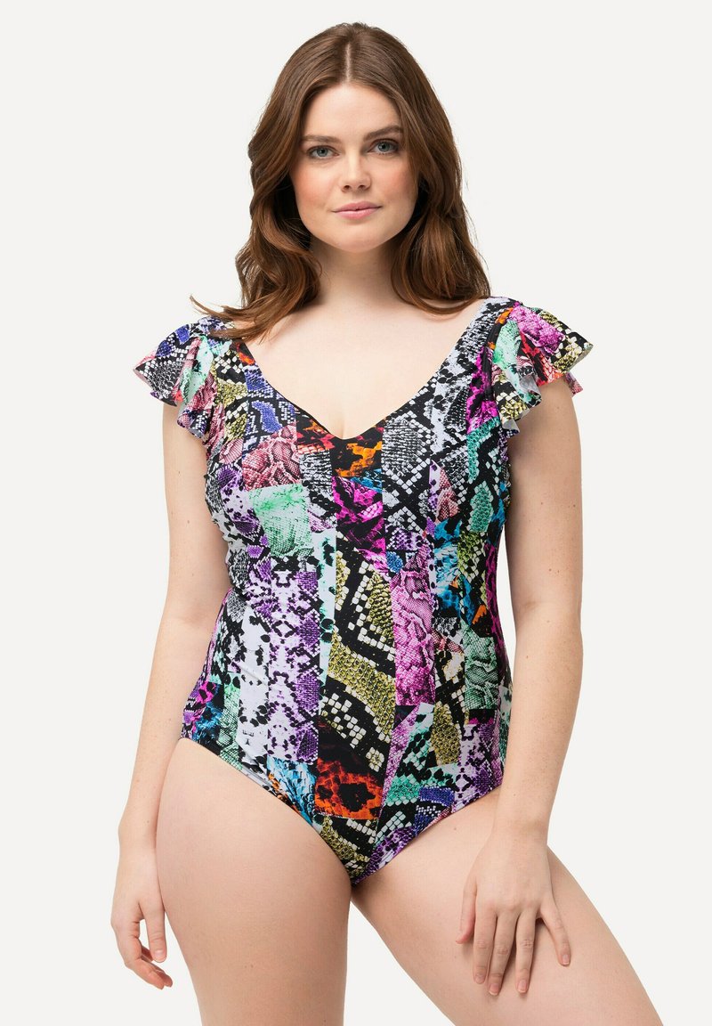 Un maillot de bain une pièce avec des motifs de imprimés animaliers colorés et mélangés, des épaules froncées, un décolleté en V profond et une silhouette ajustée.
