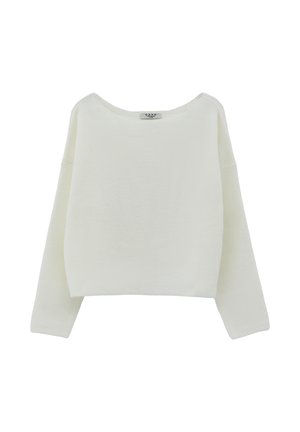 Maglione bianco a maglia con scollatura ampia, spalle basse e maniche lunghe. La texture è a coste e il design è a vestibilità rilassata.