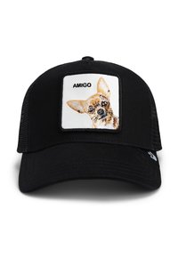 Cappello nero con retro in rete, che presenta una patch quadrata con un cane ricamato e il testo "AMIGO" sopra.