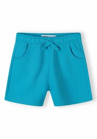 Shorts turquoise en tissu texturé, dotés d'une taille élastique avec cordon de serrage et de deux poches latérales.