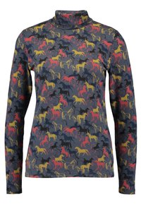 Långärmad polotröja i marinblått tyg med ett mönster av hästsilhuetter i rött, gult och svart. Mjuk textur, figurnära design.