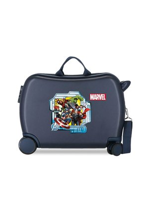 Maleta de ruedas azul oscuro con gráfico de Marvel Avengers, que presenta a Capitán América, Thor, Hulk, Iron Man, Viuda Negra y Ojo de Halcón.