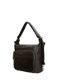 Sac à épaule en cuir et suède brun foncé avec poche avant zippée et sangle réglable.
