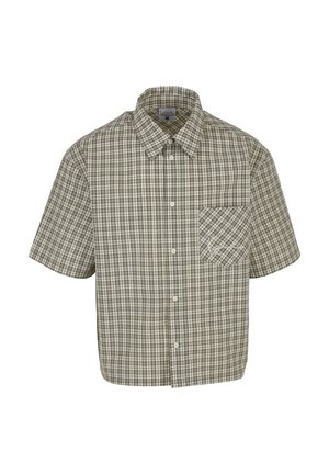Zöld-fehér kockás rövid ujjú gombos ing, mellzsebbel, fehér háttéren.