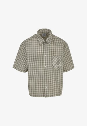 Kurzarm-Hemd zum Knöpfen mit grün-weißem Karo-Muster und Brusttasche auf weißem Hintergrund.