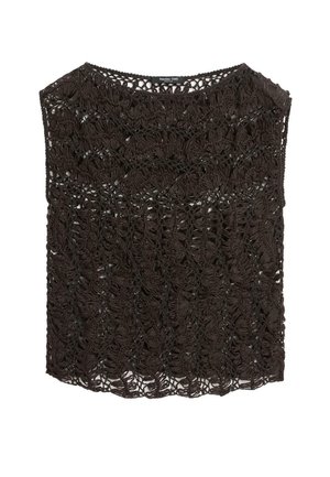 Sort ærmeløs hækle-top med detaljeret åben vævemønster og rund halsudskæring, mærket Massimo Dutti.