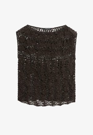 Zwarte mouwloze gehaakte top met een ingewikkeld open geweven patroon en een ronde halslijn, gelabeld Massimo Dutti.