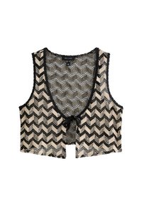 Zkrácená vesta s šípovým vzorem v černé a béžové barvě. Vyrobená z síťového materiálu se zavazováním vpředu.