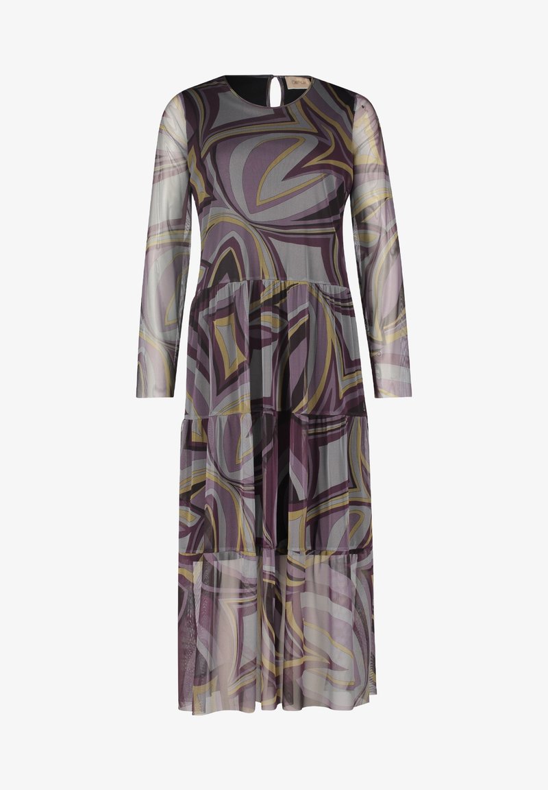Robe longue transparente avec motif abstrait en spirale violet, gris et jaune, manches longues, encolure ronde et jupe à volants.