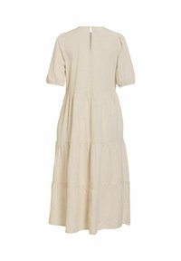 Robe midi couleur crème avec jupe à volants, manches courtes bouffantes et encolure fendue dans le dos.