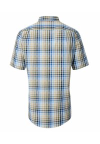 Korte mouwen shirt in een ruitpatroon, met blauwe, bruine en beige kleuren. Gemaakt van lichte stof met een button-down kraag.