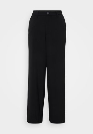 Pantalones de pierna ancha negros hechos de una tela suave. Presenta una cintura con cierre de botón y detalles de pliegue en la parte delantera.