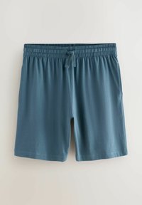 Short, elastic waistband shorts in muted teal color, featuring a drawstring and side pockets. Smooth texture, casual design.