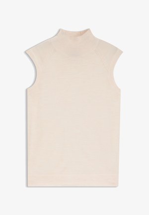 Top sin mangas con cuello simulado en beige claro, que presenta una textura suave y un cuello acanalado sutil con detalles de hombros a medida.