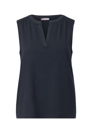 Haut sans manches bleu marine avec un col en V, des coutures d'épaule froncées et une texture lisse. Fabriqué en tissu doux, avec une coupe décontractée.