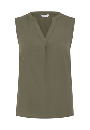 Ärmellose olivgrüne Bluse mit V-Ausschnitt und dezentem Nahtdetail vorne, aus glattem Stoff gefertigt.