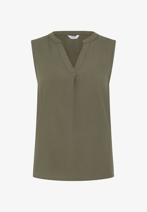 Ärmellose olivgrüne Bluse mit V-Ausschnitt und dezentem Nahtdetail vorne, aus glattem Stoff gefertigt.