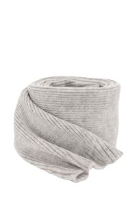 Sciarpa grigia lavorata a maglia, arrotolata. Testura a costine, materiale morbido in misto lana, colore uniforme, con lievi variazioni di tonalità.