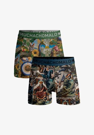 Dve pari bokseric z umetniškimi potiski: ena z sončnicami in kerubi na zelenem pasu, druga z srednjeveškimi prizori in kužnimi zdravniki na modrem pasu.