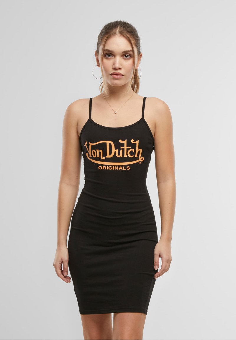 Fekete spagettipántos ruha, narancssárga "Von Dutch Originals" felirattal. Testhez simuló fazon, sima textúra, térd alá érő hossz.