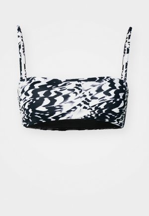 Bílý a černý pruhovaný bandeau top s tenkými nastavitelnými ramínky, s texturovanou látkou a pevným černým elastickým spodním pruhem.