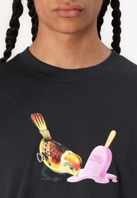Camiseta negra con un gráfico de un ave colorida interactuando con un helado rosa derretido, acentuado con un palo de madera y el logo de Nike SB.