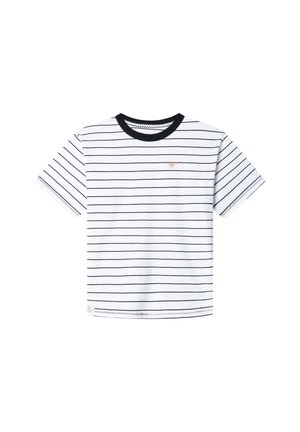 Weißes Kurzarm-T-Shirt mit dünnen, horizontalen Marineblauen Streifen, geripptem Marineblauen Kragen und kleinem Logodetail auf der Brust. Aus Baumwollstoff.