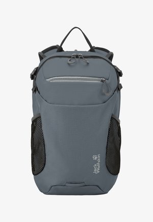 Sac à dos bleu-gris Jack Wolfskin avec poche zippée à l'avant, deux poches latérales en maille noire, bretelles rembourrées et poignée de transport supérieure.