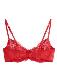 Červená krajková podprsenka s květinovým vzorem, průhledné síťované košíčky, nastavitelné ramínka a hladký spodní lem s centrálníma mašličkou.