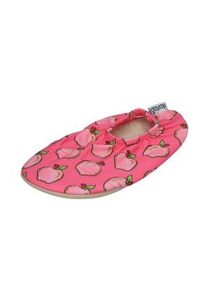 Pink fabric slipper with elastic opening, printed with repeated peach fruit pattern and beige soft sole.
