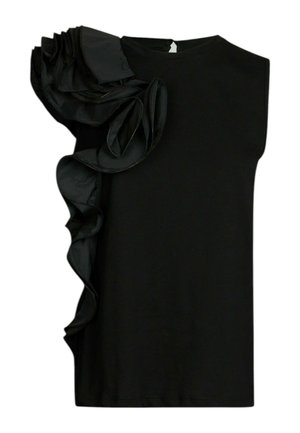 Top nero senza maniche con ampio dettaglio a balze sovrapposte che si estende dalla spalla lungo il lato sinistro.