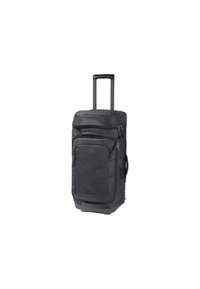 Sac à dos noir à roues avec une poignée télescopique, des poignées latérales doubles, des compartiments zippés et un matériau texturé et durable avec un logo.