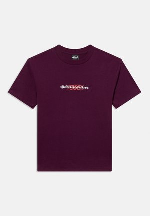 Dark purple short-sleeve crew neck t-shirt with white and red stylized "Quiksilver" logo centered on the chest.