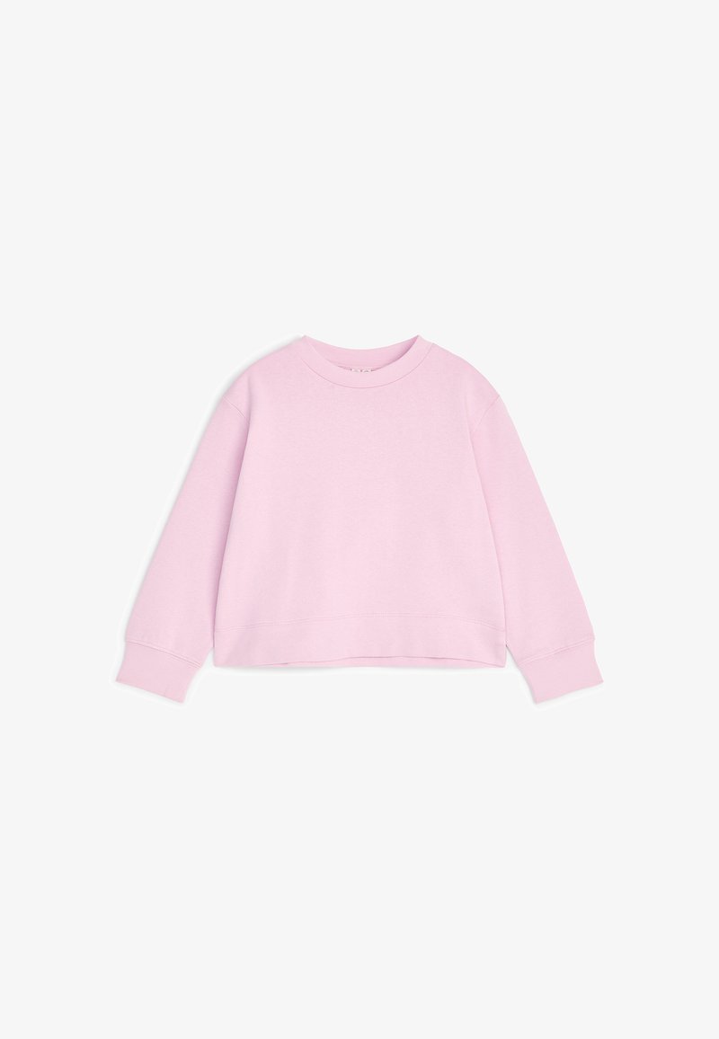 Sweat-shirt rose clair à manches longues avec col rond, poignets et ourlet côtelés, présenté à plat sur fond blanc.